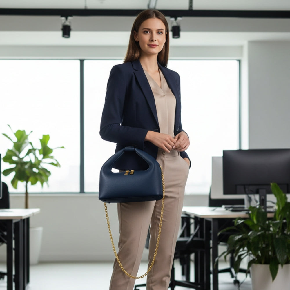 Woman in a professional setting holding a navy handbag.