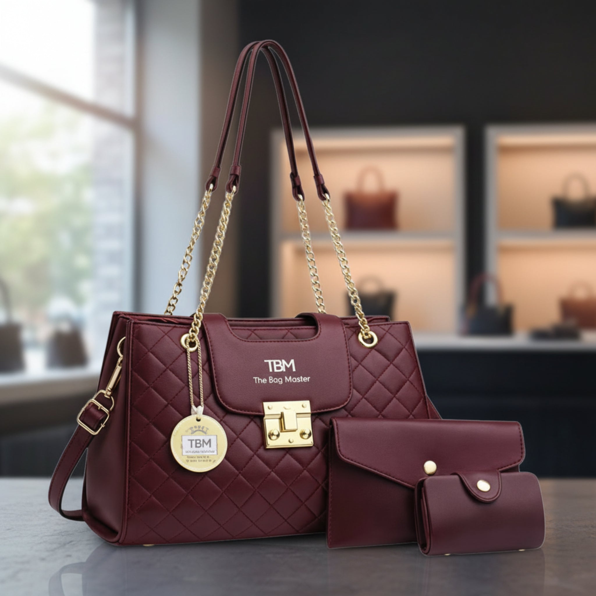 Maroon handbag with gold accents and matching wallet on a reflective surface.