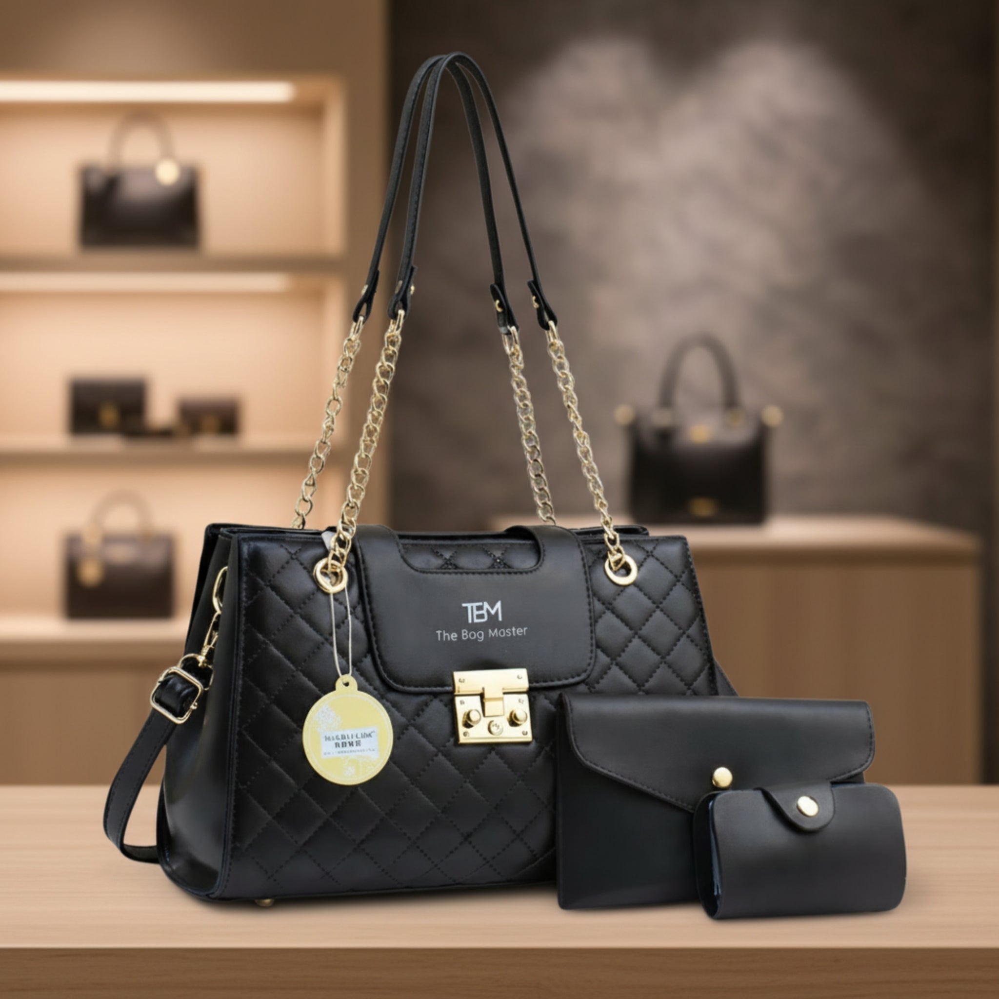 Black quilted handbag with gold accents and matching wallet on a wooden surface.