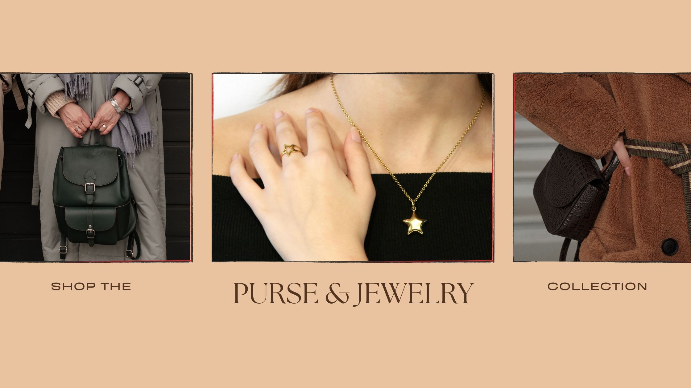 Dazzliy luxury purse and jewelry collection - Green leather bag, gold star necklace, and brown suede accessories.