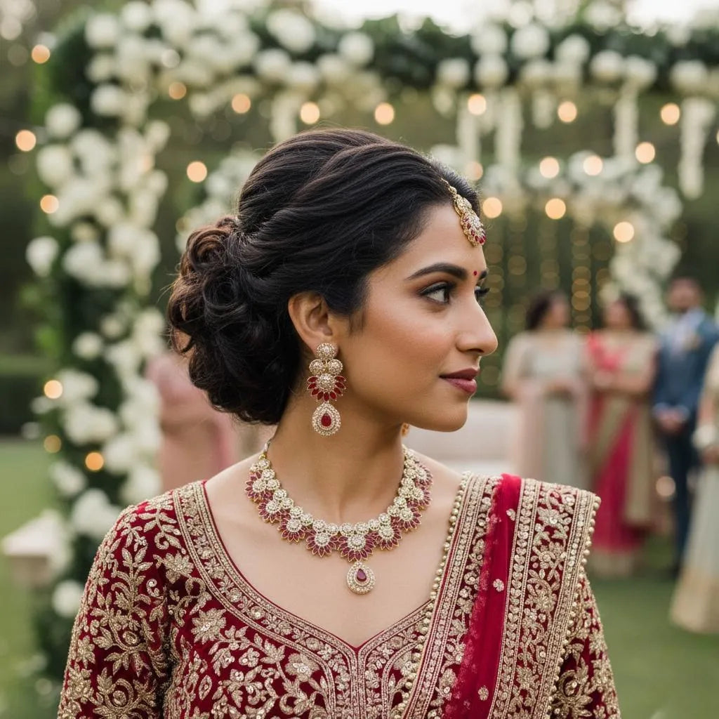 Woman in traditional attire with jewelry, standing in a decorated outdoor setting.