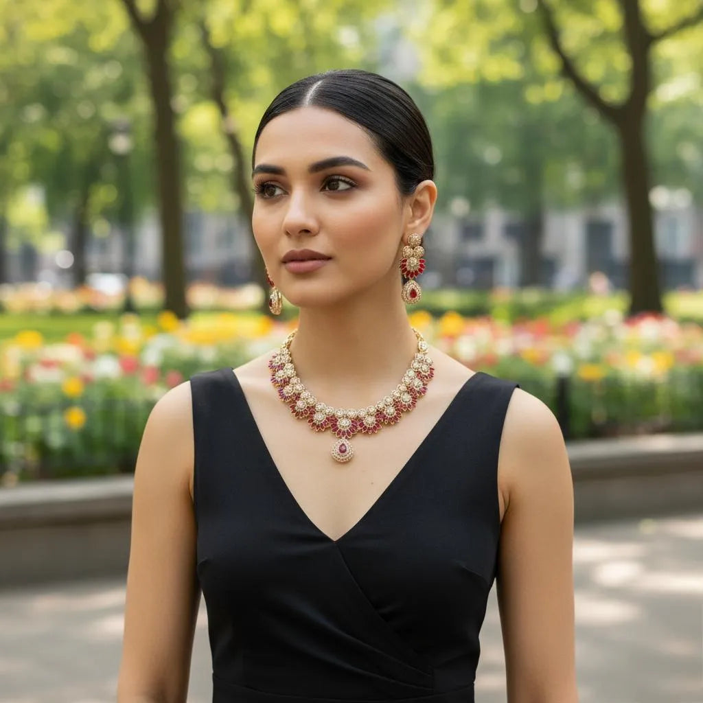 Woman wearing a black dress and pearl necklace with floral background