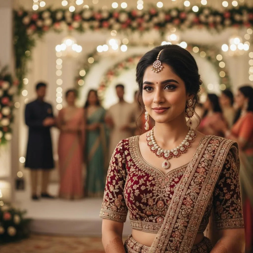 Woman in traditional attire with jewelry in a festive setting